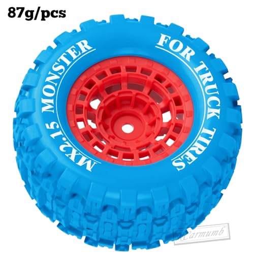 100 * 52MM 1/16 RC Monster Truck Tires 12mm Hex Adapters All-Terrain Traction Tires fit for Mini Maxx/Mini XRT, MJX 16207/16208/16209/16210,HSP 94186,E-Revo,L0S1,1/18 Mini LMT,Blue&Red - color: Blue&red(4pcs)