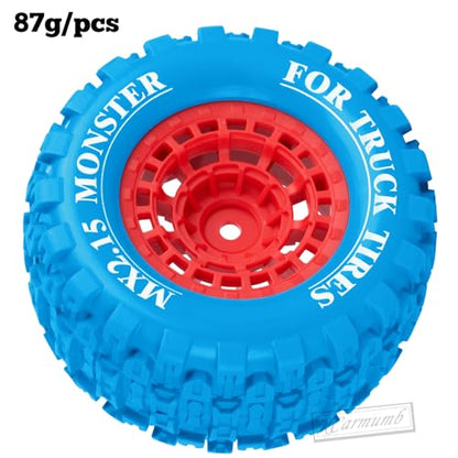 100 * 52MM 1/16 RC Monster Truck Tires 12mm Hex Adapters All-Terrain Traction Tires fit for Mini Maxx/Mini XRT, MJX 16207/16208/16209/16210,HSP 94186,E-Revo,L0S1,1/18 Mini LMT,Blue&Red - color: Blue&red(4pcs)