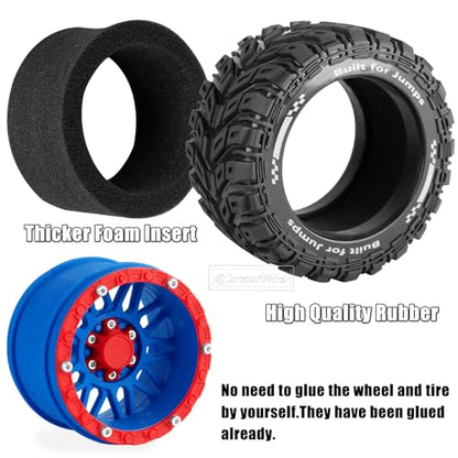 RC Wheels and Tires for 1/16 Scale,RCarmubWow Plastic Rim Rubber Tires for 1/16 Summit E-Revo Gorgon Grom,Mini Kraton 3S, M-J-X16207-16210, H-B-X16889 16890,S-C-Y16101-16106 RC Truck,Navy Blue&Red - color: Navy Blue W/Red(4pcs)