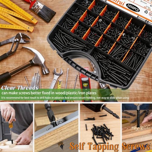 Dianrui 1050PCS Black Wood Screws Assortment Kit, Assorted 304 Stainless Steel Screws M3/M4/M5/M6, ‌Phillips Drive Sheet Metal Self Tapping Screw Set Marine Grade (Pan & Flat Screw) Length 1/4" to 2" - size: 1050PCS-BK