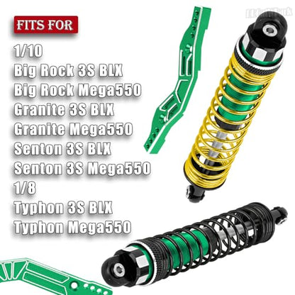 Big Bore Shocks & Shock Tower Upgrades Part for 1/10 Big Rock/Granite/Senton 3S BLX,1/8 Typhon 3S BLX Mega550,4Pcs RC Aluminum Full Metal Shocks Absorber & Front Rear Shock Tower,Green