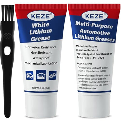 Keze Lithium Grease Tube Multi-Purpose Bike Grease Lube Marine Automotive | Garage Door Hinge Lubricant High Temp NLGI 2 Lubricant with Brush for Bearings, Sunroof, Gears, Track Rail,1oz-2 Pack - size: 2 Pack (1oz)