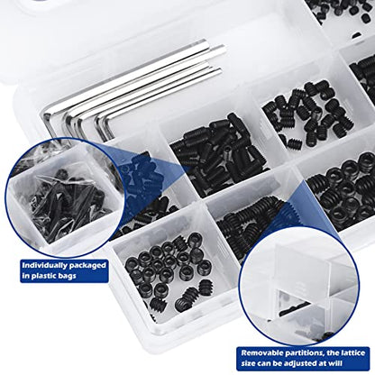 1000pcs Metric + SAE Set Screw Assortment Kit, Internal Hex Drive Cup-Point Allen Screws Set 12.9 Class Alloy Steel Grub Screw (M3-M8, 1/8"-40 to 5/16"-18) - color: Black Set Screws 1000PCS