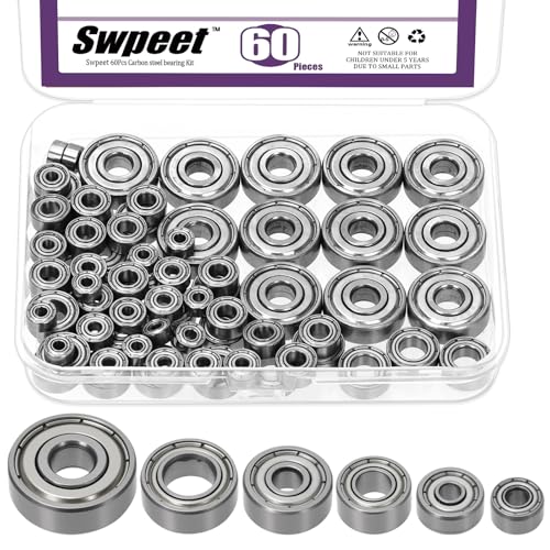 Swpeet 60Pcs 6 Sizes 693ZZ, 623ZZ, 624ZZ, 685ZZ, 687ZZ,627ZZ Ball Bearings Assortment Kit, High Carbon Steel Deep Groove Bearings, Double Shielded ﻿ - size: Assortment Kit-60PCS, style: High Carbon Steel