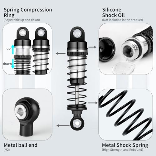 RCLIONS RC Car Shocks 42mm Oil Shock Absorber for FMS 1/18 FCX18 LC80 RC Crawler Car Upgrade Parts (Black) - color: Black