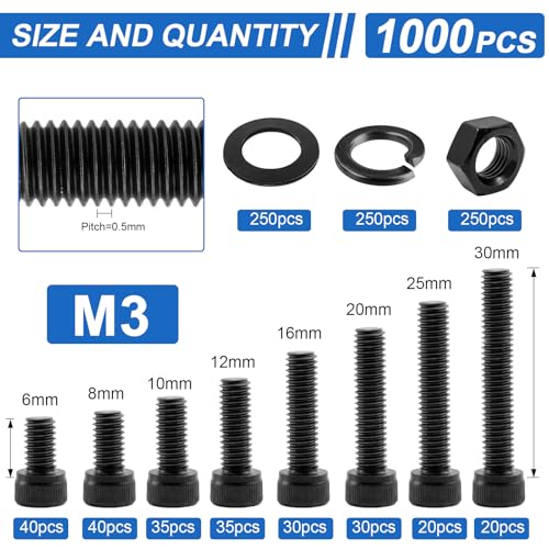 1000Pcs UIETUIL M3 Hex Socket Head Cap Screws Kit, M3x6-30mm, 12.9 | M3x6/8/10/12/16/20/25/30mm Hex Socket Head Cap Bolts with Nuts & Washers, 12.9 Grade Alloy Steel, Anti-Rust for 3D Printer, - size: M3 Cap 12.9 - 1000PCS