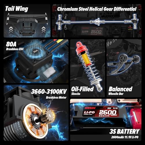 Hosim Mini 1:8 Brushless RC Cars for Adults, VEXARO 50+MPH Fast RC Trucks | 3660 3100KV Brushless Motor & 80A ESC, 2* 2600mAh 3S Lipo, Chrome Steel Central Transmission, All-Metal Oil-filled Shocks - color: Red