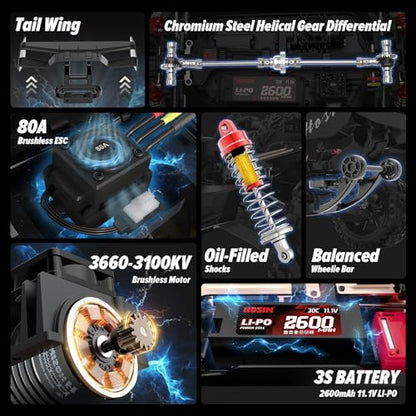 Hosim Mini 1:8 Brushless RC Cars for Adults, VEXARO 50+MPH Fast RC Trucks | 3660 3100KV Brushless Motor & 80A ESC, 2* 2600mAh 3S Lipo, Chrome Steel Central Transmission, All-Metal Oil-filled Shocks - color: Red