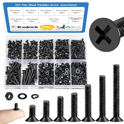 KADRICK 840Pcs M3 Countersunk Screws,M3 Flat Head Screws Length of 6MM-25MM | M3 Countersunk Screw Kit,M3 Bolts Nuts Washers Assortment Kit,Black Zinc Plated - size: M3 840Pcs 6-25mm