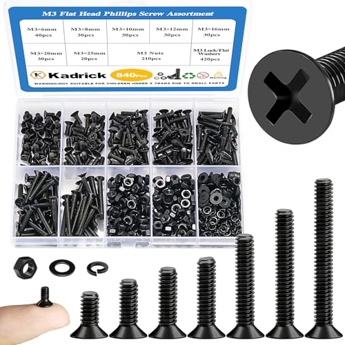 KADRICK 840Pcs M3 Countersunk Screws,M3 Flat Head Screws Length of 6MM-25MM | M3 Countersunk Screw Kit,M3 Bolts Nuts Washers Assortment Kit,Black Zinc Plated - size: M3 840Pcs 6-25mm