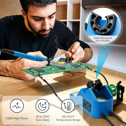 Soldering Station, 130W Digital Display Soldering Iron Station Kit with 2 Helping Hands, 356°F-932°F, Auto Sleep, Solder Wire, 5 Tips, Solder Sucker, Sponge, Tweezers, Tip Cleaner, Blue