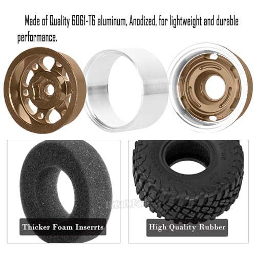 RC 1.0 Wheels and Tires for 1/18 TRX4M,1/24 SCX24 RC Crawler Car,RC Aluminum Wheel Rims & Rubber Tires w/Foam Inserts,RC 1.0 Off Road Buggy Rally Wheels and Tires,Bronze - color: Bronze - (4pcs Bailuchi Tires)