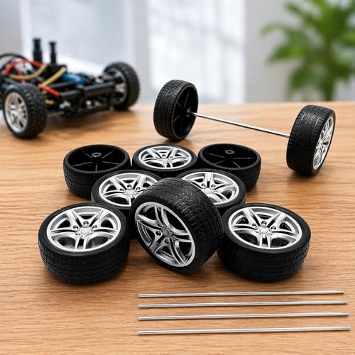 10PCS Toy Car Wheel 48mm Toy Car Rubber Tire Wheels with 5PCS Shaft Round Rod Axles for RC Car Truck Robot DIY Model Toy Parts