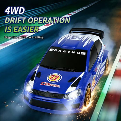 GoolRC RC Drift Car, 1/24 Scale Remote Control Car, 4WD RC Rally Car, 2.4GHz High Speed Electric Racing Vehicle with LED Lights and Drifting Tires for Adults (Blue) - color: Blue