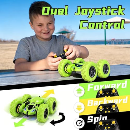 Threeking Remote Control Flip Stunt Car Double Sided Driving Toys Gifts | Durable RC Cars with Breathing Soft Lights for Boys Girls Ages 6-12 - color: Green
