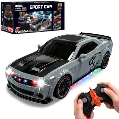 Remote Control Car 1:14 Scale RC Cars with Spray Effect, LED Lights & Realistic Sound, 2.4GHz Racing Toy with Controller, Christmas Birthday Gift for 3-9 Year Old Boys Girls (Gray)