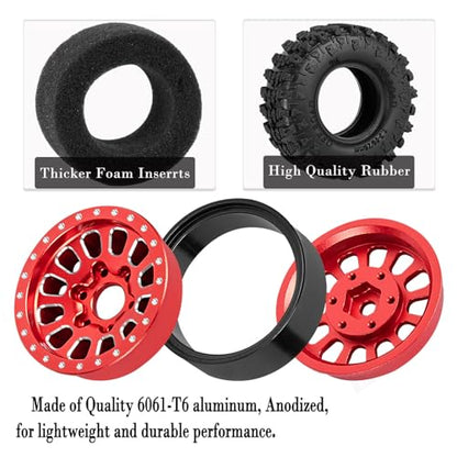 Rc 1.3 Beadlock Wheel Tires/Wheel Rims for 1/24 1/18 SCX24 TRX4M RC Crawler Car,Aluminum 1.3 Beadlock Wheels and Tires,Rc Tires with Foam Inserts,Red(4PCS) - color: Red - (Rc Wheels Tires)