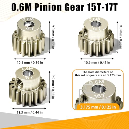 3PCS 0.6M Pinion Gear Set 15T 16T 17T, 7075 Aluminum Alloy 0.6 Mod RC Gears with 3.175mm Bore for 540 550 Brushed Brushless Motors, Fits for 1/10 Tamiya Redcat HSP HPI RC Cars - size: 15 16 17T