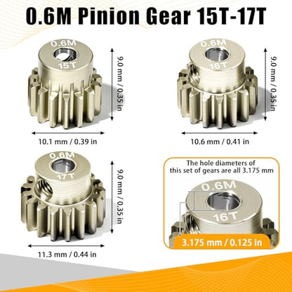 3PCS 0.6M Pinion Gear Set 15T 16T 17T, 7075 Aluminum Alloy 0.6 Mod RC Gears with 3.175mm Bore for 540 550 Brushed Brushless Motors, Fits for 1/10 Tamiya Redcat HSP HPI RC Cars - size: 15 16 17T