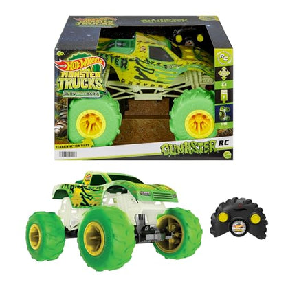 Hot Wheels Monster Trucks RC Toy, Remote-Control 1:15 Scale Gunkster, Glows in The Dark & has Terrain Action Tires with Off-Roading Capability