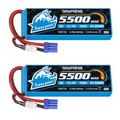 Yowoo 2 Pack 3S 11.1V 5500mAh 150C Graphene LiPo Battery EC5 | With metal plates for durability. Fits RC airplanes, helis, F450 quadcopters, cars, trucks and boats