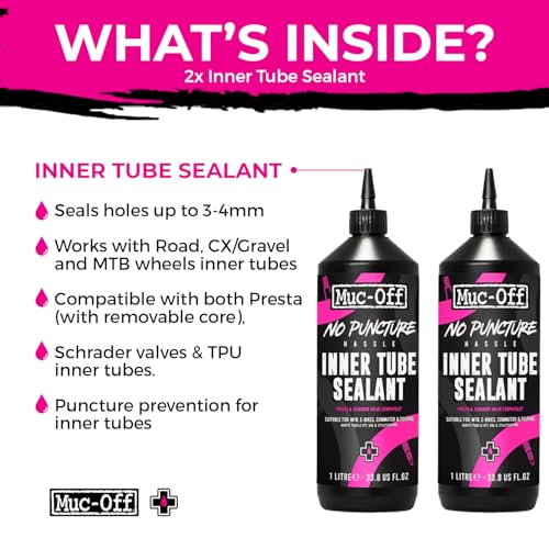 Muc-Off No Puncture Hassle Inner Tube Sealant 1Liter (Pack of 2) | Easy-to-Install Puncture Protection for Inner Tubes | Seals Holes Up to 4mm | Compatible with Presta & Schrader - size: 1L (Pack of 2)