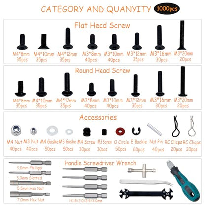 1000pcs RC Screw Kit and RC Screwdrivers, RC Tool Kit for Traxxas Axial Redcat Arrma HPI HSP SCX10 RC4WD Losi 1/8 1/10 1/12 1/16 Scale RC Cars Trucks Crawler Accessories Screw Kit