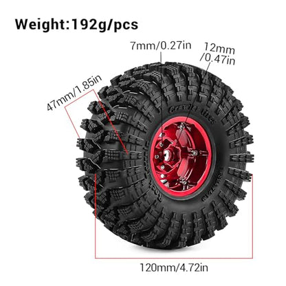 1.9" Beadlock Wheels and Tires 120mm (4.72in) for SCX10, TRX4, and 1/10 RC Crawlers, CNC Aluminum Alloy Rims, Soft Tires with Foam Inserts, Tool Included (Red+W tires) - color: Red+W tires
