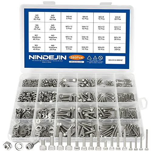 NINDEJIN Black & Silver Hex Socket Head Screws Bolts Nuts and Flat Washer Assortment Kit(Hex Socket Flat/Button/Cap Head) (580Pcs Hex Button Head Socket Screws Nuts) | 304 Stainless Steel Machine Screws Kit, for Home, Office equipment, Communication Equip