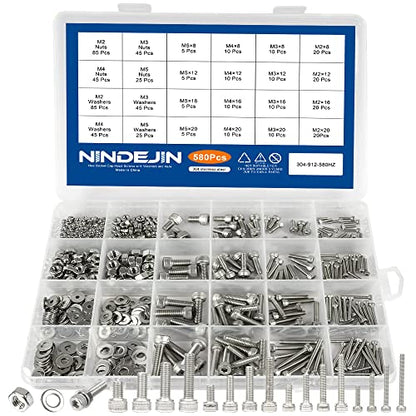NINDEJIN Black & Silver Hex Socket Head Screws Bolts Nuts and Flat Washer Assortment Kit(Hex Socket Flat/Button/Cap Head) (580Pcs Hex Button Head Socket Screws Nuts) | 304 Stainless Steel Machine Screws Kit, for Home, Office equipment, Communication Equip