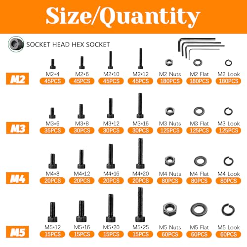 1780 Pcs M2 M4 M5 M3 Screws Set, Metric Bolt Assortment Kit, Metric Machine Screw Assortment Kit, Alloy Steel Black Bolts and Nuts Kits with Washers Set, Hex Socket Head Cap Screws Kit - size: M2/M4/M5mm-1780Pcs