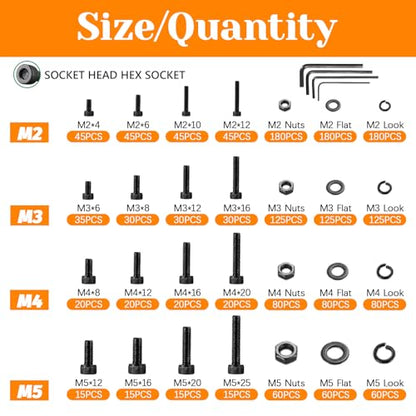1780 Pcs M2 M4 M5 M3 Screws Set, Metric Bolt Assortment Kit, Metric Machine Screw Assortment Kit, Alloy Steel Black Bolts and Nuts Kits with Washers Set, Hex Socket Head Cap Screws Kit - size: M2/M4/M5mm-1780Pcs
