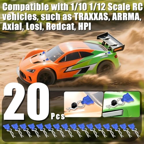 RC Body Clips with Pull Tabs, 1.2mm Stainless Steel R Clips Body Pins for 1/10 1/12 RC Cars, Trucks, Crawlers, Buggy & Touring Cars, Compatible with Traxxas Axial Arrma Redcat HPI HSP Himoto, 20-Pack - color: Blue