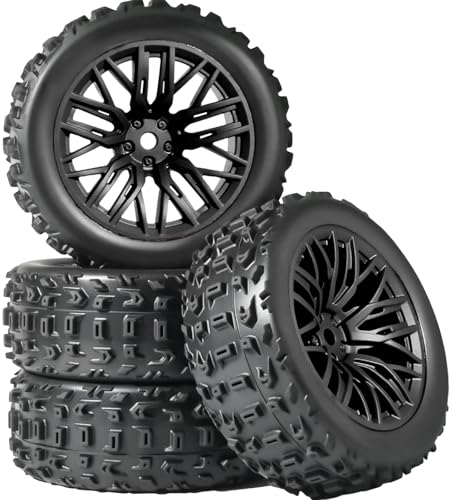 Pre-Glued 1/16 & 1/18 RC Monster Truck Tire & Wheel 70x26mm wtih 12mm Hex | Rubber Tires with Foam Fits for ARRMA 1/18 Granite/Typhon Grom, WLtoys A949, MJX Hyper Go H16 (4PCS, White) - color: Black