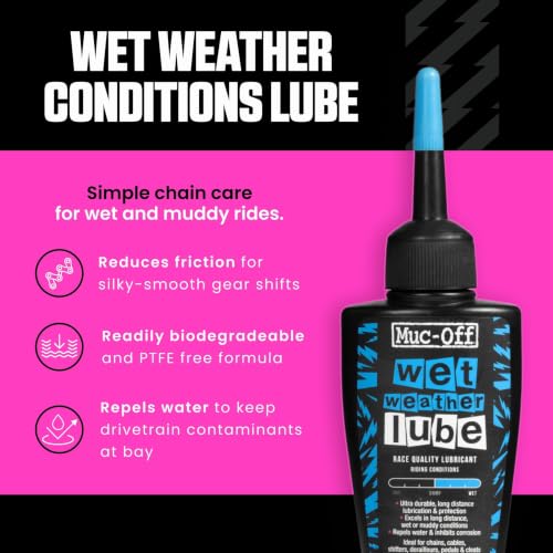 Muc-Off Chain Wet Lube 50ml | Biodegradable Bicycle Chain Lubricant Wet | Reduces Friction & Extends Chain Life | Wax-Based Formula Repels Water | Suitable for MTB & Road Bikes - size: 50ml
