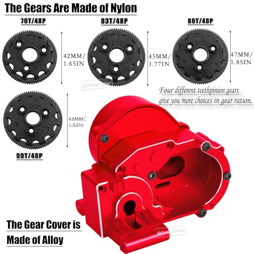 Metal Transmission Complete Upgrades Part for 1/10 Slash/Rustler/Stampede/Bandit 2WD(VXL),Gearbox Case w/76T 83T 86T 90T Gear,Diff,Slipper Clutch & Rebuild Kit,Pressure Plate,Red - color: Red(1set)