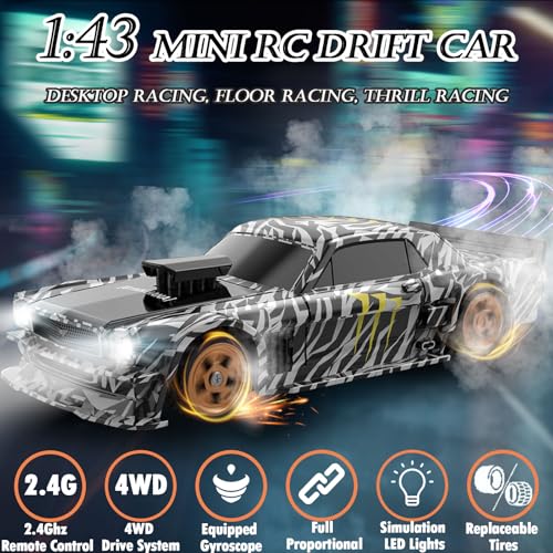 1/43 Mini RC Drift Car with Gyroscope, 2.4GHz 4WD Full Proportional High Speed Micro Hobby RC Cars with Lights Racing Tires, Fast Small Remote Control Car, Toy Model Gift for Adults Kids Boys Girls - color: Black-g