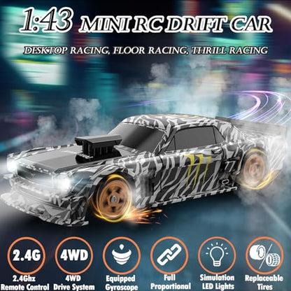 1/43 Mini RC Drift Car with Gyroscope, 2.4GHz 4WD Full Proportional High Speed Micro Hobby RC Cars with Lights Racing Tires, Fast Small Remote Control Car, Toy Model Gift for Adults Kids Boys Girls - color: Black-g