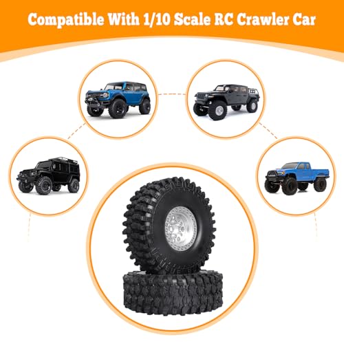 HobbyPark 120mm / 4.72inch 1.9 Crawler Tires and 1.9 Beadlock Wheels Set Foam Inserts for Axial SCX10 II III Traxxas TRX-4 Redcat Gen8 Gen7 Upgrades Replacement Parts (4-Pack) (Silver) - color: Silver