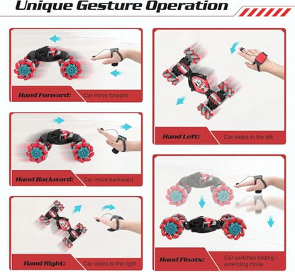 Kidstinct Gesture Sensing RC Stunt Car, Extra Large Gesture RC Car, Boy Toys Age 6-8, 4WD Hand Controlled Remote Control Twist Cars with Light & Music, 360°Rotate Transform Drift RC Cars (Pink)