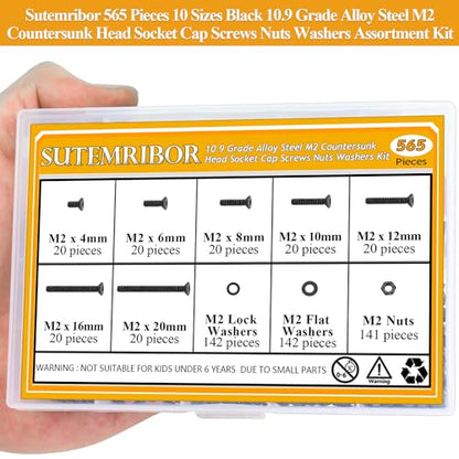 565 Pieces M2 Screws Nuts Washers Set Black, Sutemribor M2 x 4/6/8/10/12/16/20mm Countersunk Head Socket Cap Screws Nuts Washers Assortment Kit, 10.9 Grade Alloy Steel, Fully Threaded - size: M2, style: Countersunk Head Socket Cap