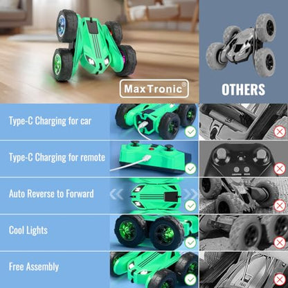 MaxTronic Fast Direct Charging Remote Control Car with LED，Exclusive Dual USB-C Charging for Car & Controller - 2.4Ghz 15km/h 360° Flips Rotations 4WD RC Stunt Car Fully Rechargeable for Kids 3-12 - color: Green