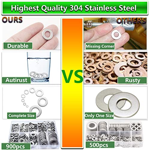 Flat Washers Assorted Kit,Hincell 900pcs 304 Stainless Steel Flat Washers for Screws Bolts,Fender Washers Assortment Set,Stainless Steel Washers, Lock Metal Washers