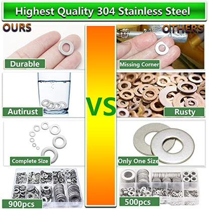 Flat Washers Assorted Kit,Hincell 900pcs 304 Stainless Steel Flat Washers for Screws Bolts,Fender Washers Assortment Set,Stainless Steel Washers, Lock Metal Washers