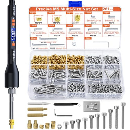 Preciva Heat Set Insert Tool, M5 Threaded Inserts Screw Kit for 3D Printing | Complete Set of Inserts, Soldering Irons & Tips, for 3D Printing, Plastic, DIY, for Surface Finishing & Modification, 261Pcs - size: M5