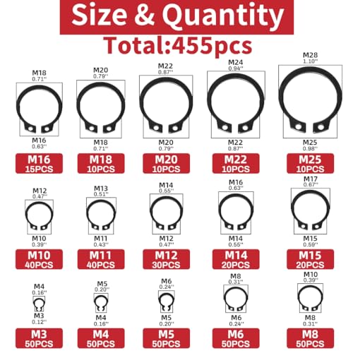 455Pcs External Retaining Rings Snap Rings Assortment Kit, External C-Clip Set Carbon Steel, 15 Sizes Circlip Snap Rings M3 - M25 - size: 455pcs C-clip Carbon Steel