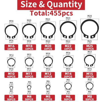 455Pcs External Retaining Rings Snap Rings Assortment Kit, External C-Clip Set Carbon Steel, 15 Sizes Circlip Snap Rings M3 - M25 - size: 455pcs C-clip Carbon Steel