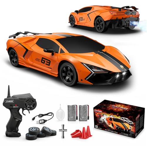 RC Drift Car, 1:16 Remote Control Car 2.4Ghz High Speed RC Cars 4WD Racing Sport Toy Cars with LED Lights, Spray, Drifting Tires, 2 Batteries for Kids Boys Girls Adults Birthday Christmas - color: Orange