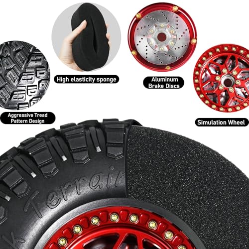 2.2 RC Crawler Tires 1/10 Beadlock Wheels 12mm Hex, Mud Terrain Rock Tires Soft Rubber 5.0x1.9, Aluminum Beadlock Rims 5.5mm Offset, RC Wheel Tire Set for SCX10 TRX4 TRX6 Gen8 VS4-10 D90 CFX - color: Red