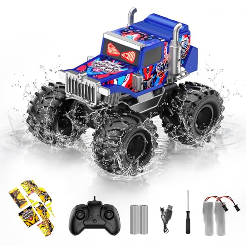 Amphibious Remote Control Car, 1:18 Boys Monster Truck Toys with LED Eyes | 4WD All Terrain Waterproof RC Cars, 2 x 1500mAh Batteries, 2.4 GHz RC Toys for Kids, 6+ Year Old Boys Christmas Birthday Gift - color: Blue/Red